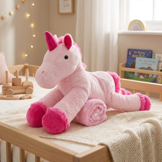 Plīša Vienradzis 63cm, ar vienu Ragu un plediņu 80x100cm, rozā