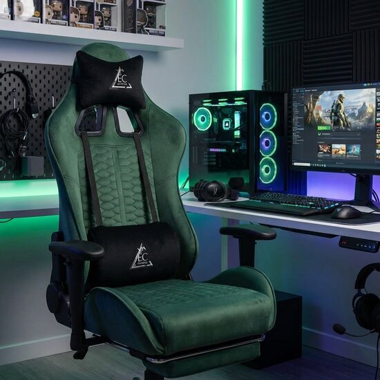 Ergonomisks Gaming Krēsls ar Kāju Balstu un Masāžas Spilvenu