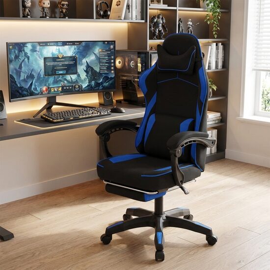 Zils ar melnu Datorkrēsls ar kāju balstu un masāžas jostas spilvenu, regulējams biroja krēsls līdz 150 kg, tekstila apdare