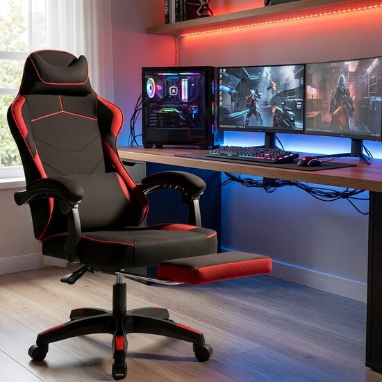 Datorkrēsls ar kāju balstu un masāžas jostas spilvenu, regulējams biroja krēsls līdz 150 kg, tekstila apdare, Sarkans ar melnu