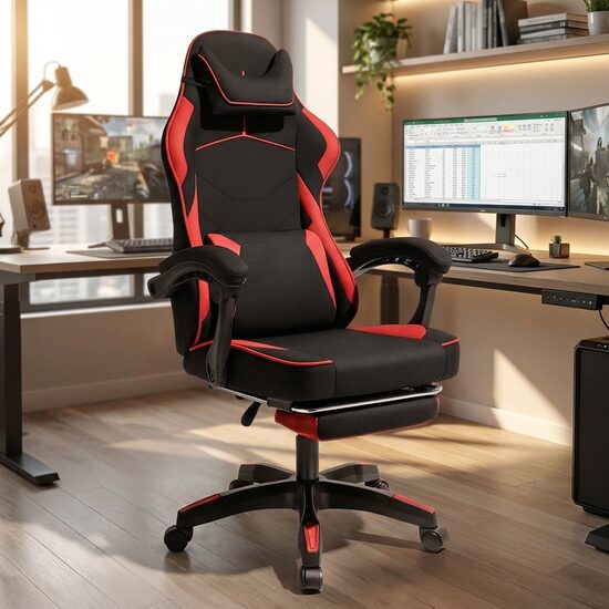 Sarkans ar melnu Datorkrēsls ar kāju balstu un masāžas jostas spilvenu, regulējams biroja krēsls līdz 150 kg, tekstila apdare