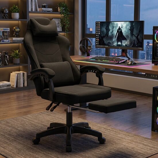 Datora krēsls ar kāju balstu un masāžas jostas spilvenu, regulējams biroja datorkrēsls līdz 150 kg, tekstila apdare, Melns 