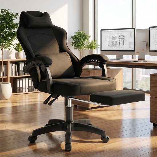 Melns krēsls ar kāju balstu un masāžas jostas spilvenu, regulējams biroja datorkrēsls līdz 150 kg, tekstila apdare