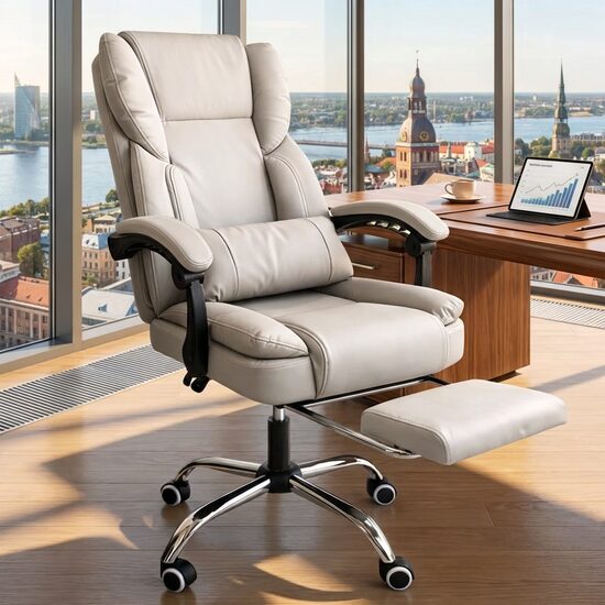 Datorkrēsls līdz 150 kg Biroja krēsls ar kāju balstu, krēmkrāsas eko āda, regulējams 90–155°