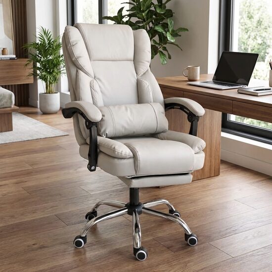 Biroja krēsls ar kāju balstu, krēmkrāsas eko āda, regulējams 90–155°, Datorkrēsls līdz 150 kg
