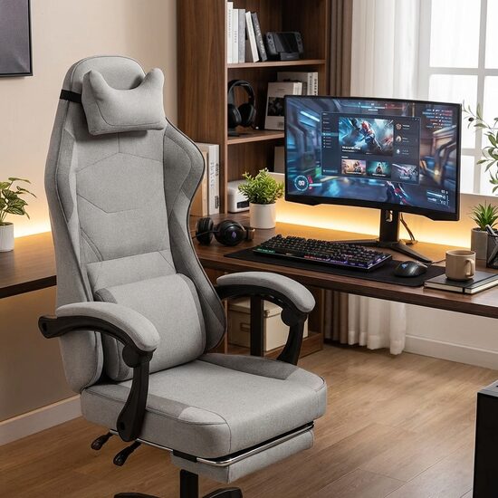 Auduma Datorkrēsls ar kāju balstu un masāžas jostas spilvenu, regulējams līdz 150 kg, biroja krēsls