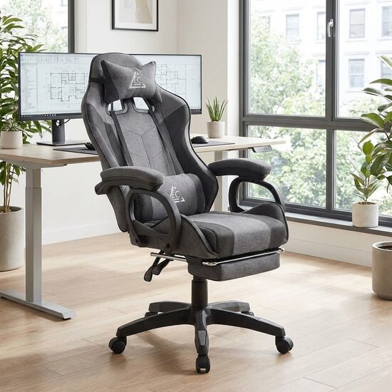 Ergonomisks datora un biroja krēsls ar regulējamu atzveltni un kāju balstu pelēks