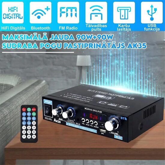 Bluetooth Stereo Audio Pastiprinātājs 2x90W ar FM un Pulti 12v 220v