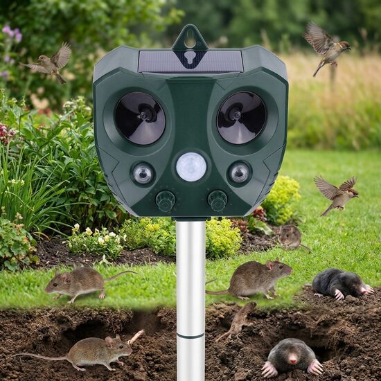 Ultraskaņas dzīvnieku atbaidītājs ar saules uzlādi un kustības sensoru