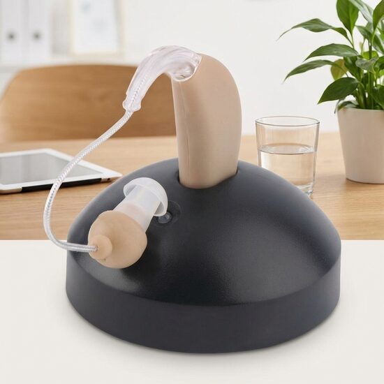 Skaņas pastiprinātājs, dzirdes aparāts aiz auss - lādējams, ar maināmiem uzgaļiem