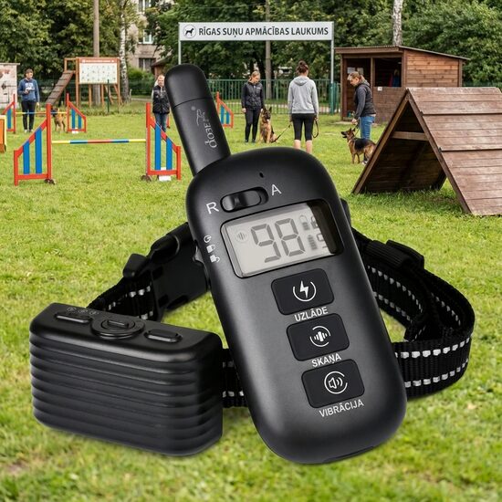 2 vienā suņu apmācības un pret riešanas kaklasiksna, ūdensizturīga, uzlādējama, 600 m rādiuss, 99 līmeņu vibrācija un impulss