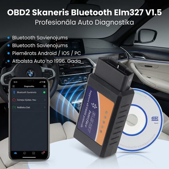 Obd2 skaneris Bluetooth, elm327 V1.5, auto diagnostikas iekārta