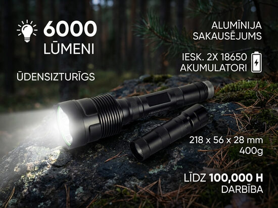 Komplekts: LED lukturis + T6 x3 baterijas, 2x akumulatori 18650, lādētājs, distances slēdzis, ieroča turētājs