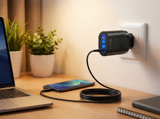 Telefona lādētājs ar 4 usb portiem (2.1-3.0A,) ar universālu uzlādes vadu (micro usb, usb - C , iphone) planšetes lādētājs