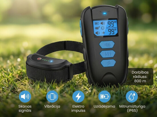 Suņu un kucēnu dresūras un apmācības siksna (800m distance) ar pulti (elektro impulss, skaņas signāls un vibrācija), uzlādējama un mitruma izturīga