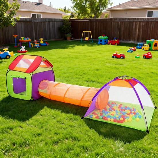 Bērnu Telts ar tuneli, mājiņu un 200 bumbām, 375 x 117 x 105 cm