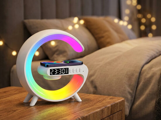 Pulkstenis Modinātājs ar Bezvadu Lādēšanu un Bluetooth Skaļruni, 15x15cm