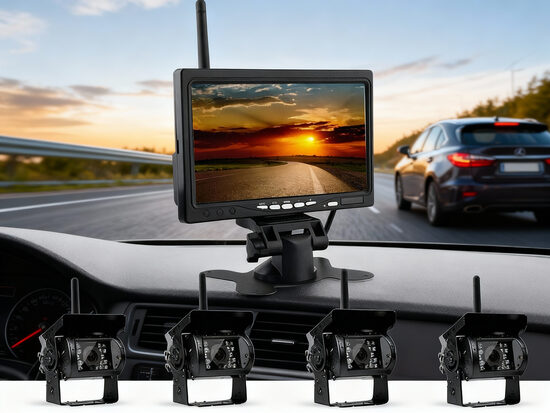 Auto bezvadu atpakaļskata monotors ar 4 kamerām