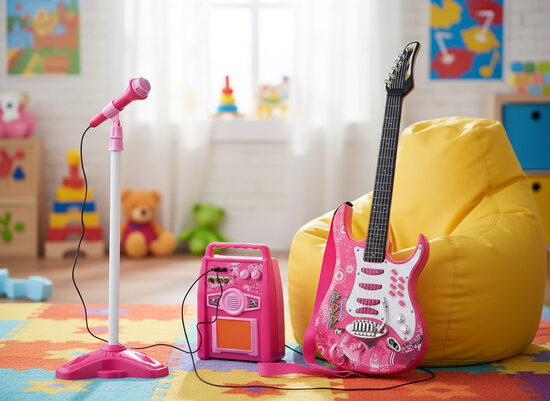 Bērnu elektriskā rotaļu ģitāra ar mikrofonu un pastiprinātāju, rozā