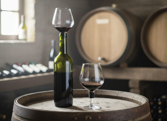 Vīna glāze ar silikona korķi uz pudeles