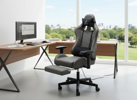 Ergonomisks biroja krēsls ar masāžas funkciju un kāju balstu, ērts datorkrēsls