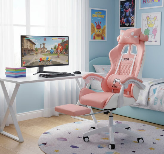 Bērnu un Jauniešu Datorkrēsls ar masāžu, maigi rozā