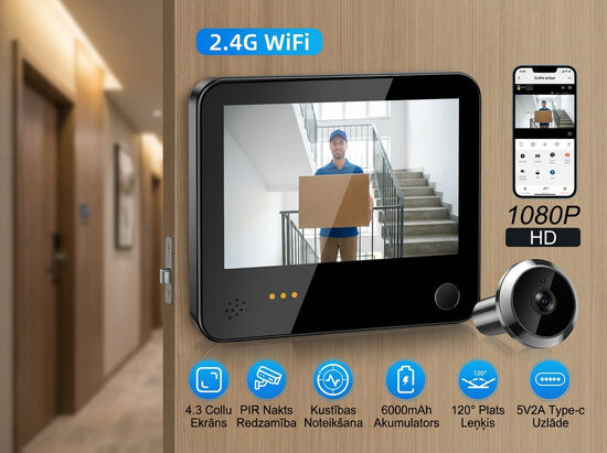 Durvju Actiņa ar monitoru - wifi video attēls telefonā 4.3c