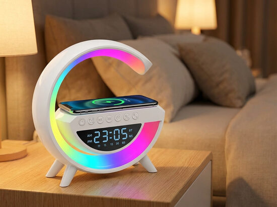 Telefona lādētājs, Bluetooth skaļrunis, Modinātājs, Nakts lampiņa 25x23cm