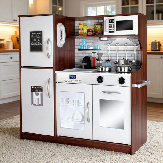 Koka virtuve bērniem 80/80,5/24cm, ar apgaismojumu un aksesuāriem, pelēks ar brūnu