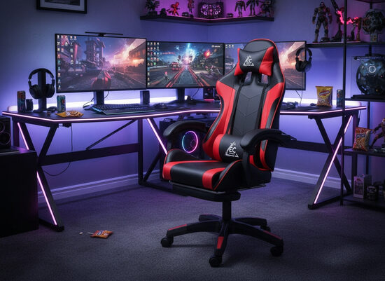 Gaming Krēsls ar Masāžas Spilvenu un Regulējamu Atzveltni