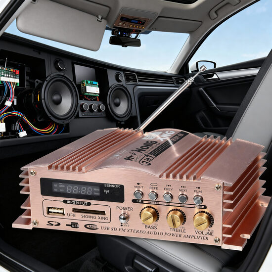 Audio pastiprinātājs 600W, 12v5A, FM Radio MP3 USB SD