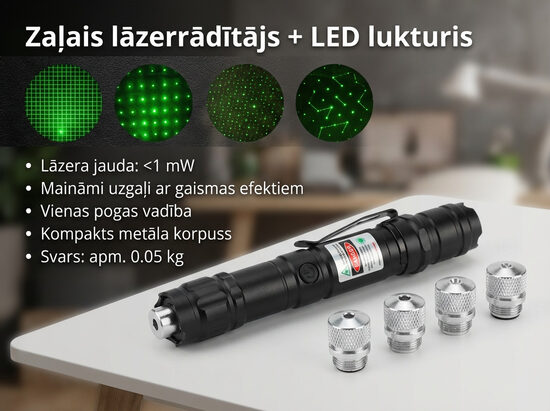 Zaļš lāzera rādītājs ar LED lukturīti