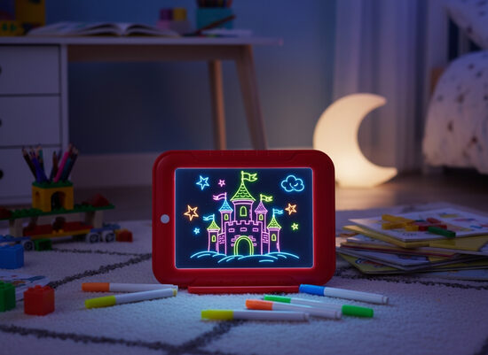 Zīmēšanas tāfele ar gaismas efektiem un flomasteriem