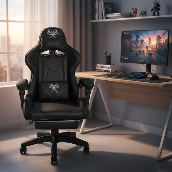 Datorkrēsls 'Gaming' ar kāju balstu, melns biroja krēsls