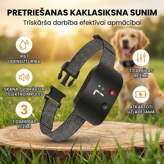 Pretriešanas siksna ar trīskāršu darbību ( IP67 ūdensnecaurlaidīga kakla siksna sunim), antilaj