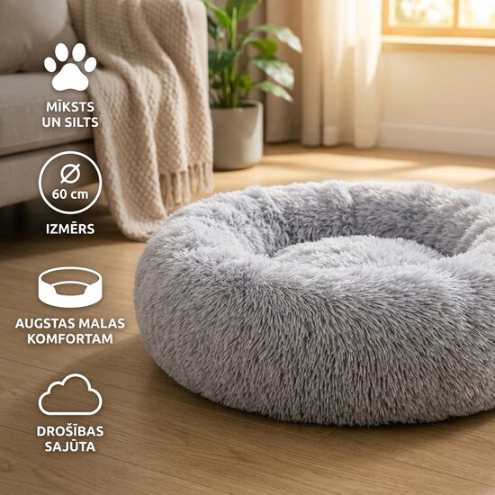 Mīksta plīša guļvieta suņiem un kaķiem ar augstām malām – pelēka, Ø60 cm