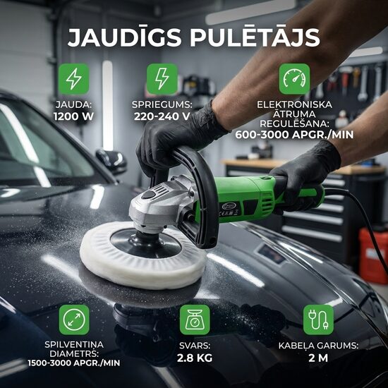 Pulējamā mašīna 1200w ar elektroniski maināmu ātrumu un pulēšanas spilventiņu