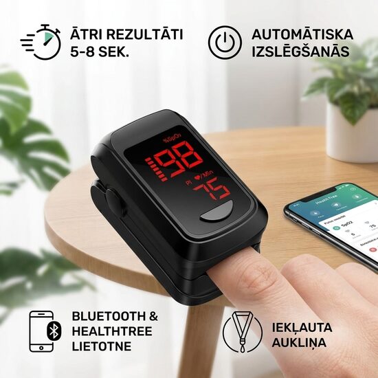 Bluetooth pirksta pulsa oksimetrs ar LED displeju un lietotnes savienojumu – HealthTree