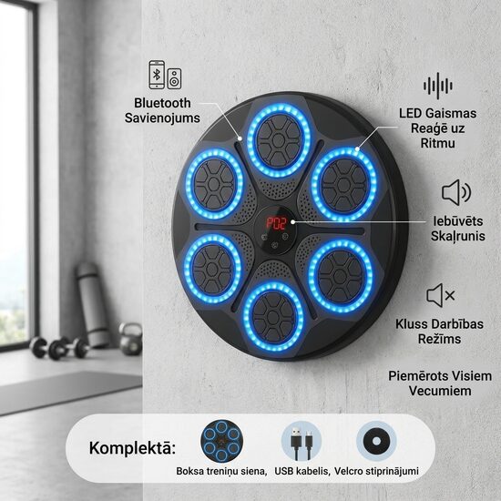 Sienas boksa trenažieris ar Bluetooth, LED gaismām un iebūvētu skaļruni