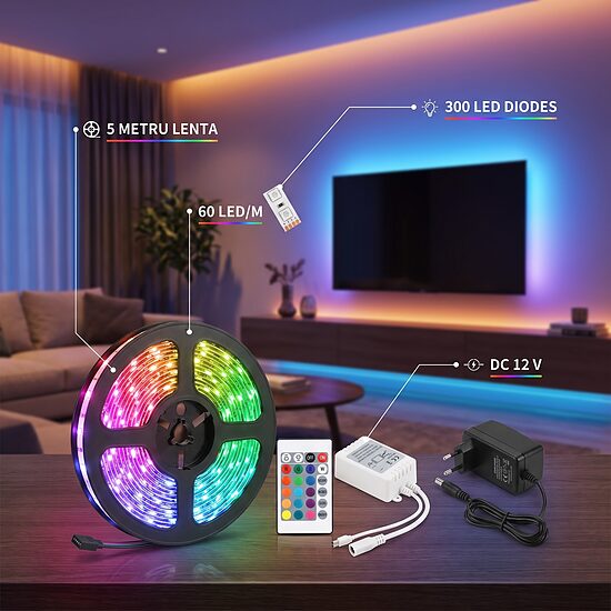 RGB 5050 SMD LED Lenta 5M: Mitrumizturīga + Piederumi