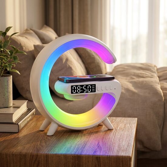 Pulkstenis Modinātājs ar Bezvadu Lādēšanu un Bluetooth Skaļruni, 15x15cm