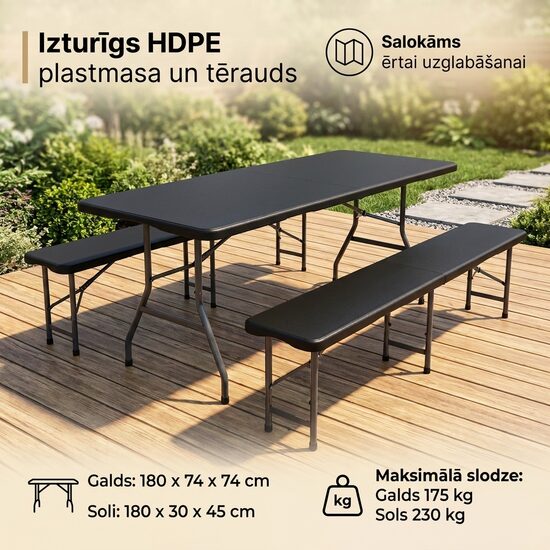 Saliekams dārza galds 180 cm ar 2 soliem