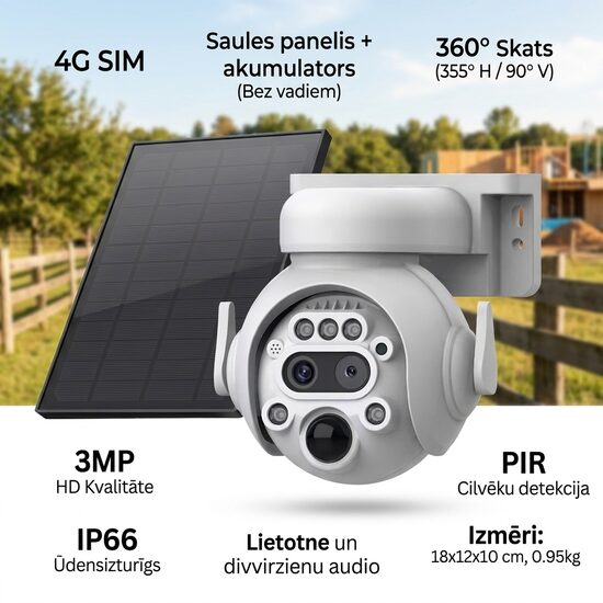 Balta 4G Saules Enerģijas Āra Novērošanas Kamera ar SIM Kartes Atbalstu – 360° Skata Leņķis, 3MP HD, Bezvadu IP66, PIR Sensors, Divvirzienu Audio, SD un Mākoņglabātuve