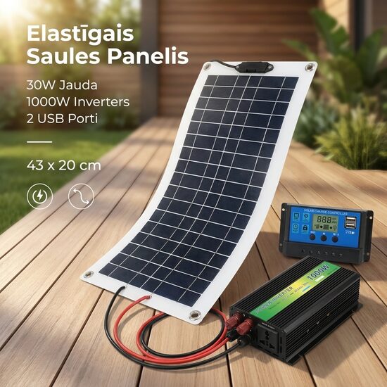 Saules panelis 30w, kontrolieris 30A, inverters 1000w, pilns komplekts