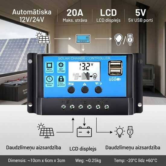 12V/24V 20A Saules Paneļu Uzlādes Kontrolieris ar USB un LCD Displeju