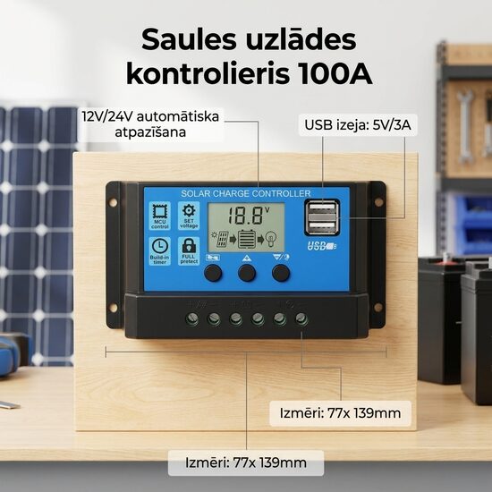 Saules baterijas kontrolieris 100A, 12/24v