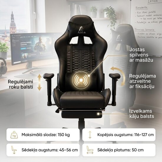 Grozāms biroja DatorKrēsls ar Kāju Balstu un Masāžas Spilvenu - melns