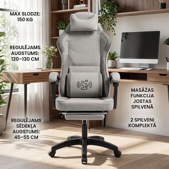 Auduma Datorkrēsls ar kāju balstu un masāžas jostas spilvenu, regulējams līdz 150 kg, biroja krēsls