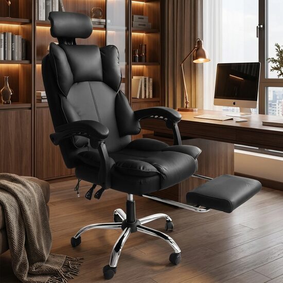 Ergonomisks biroja krēsls ar izvelkamu kāju balstu