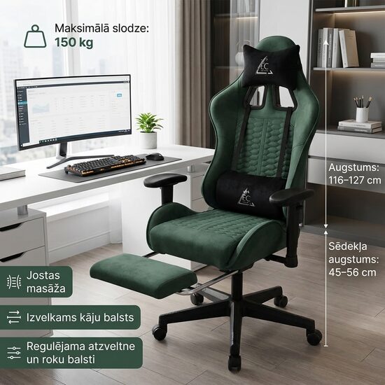 Ergonomisks Krēsls ar Kāju Balstu un Masāžas Spilvenu - tumši zaļš biroja datorkrēsls